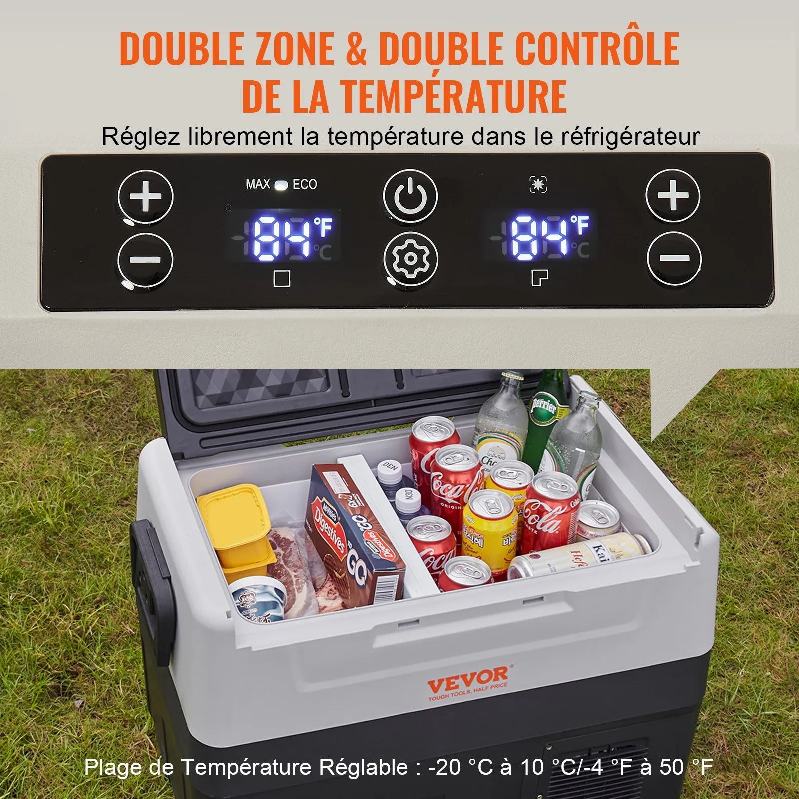 VEVOR Car Refrigerator, 12 Volt Car Refrigerator Fridge, 58 QT/55 L Dual Zone Portable Freezer, -4℉-50℉ Adjustable Range, 12/24V DC and 100-240V AC Compressor Cooler for Outdoor, Camping, Travel, RV