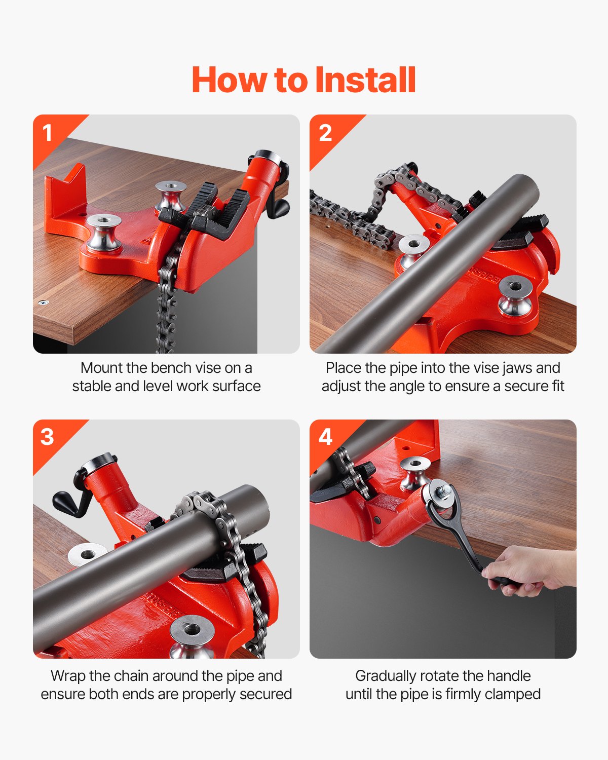 VEVOR Screw Bench Chain Vise 1/2 to 8 inch Capacity Heavy Duty Chain Pipe Vise