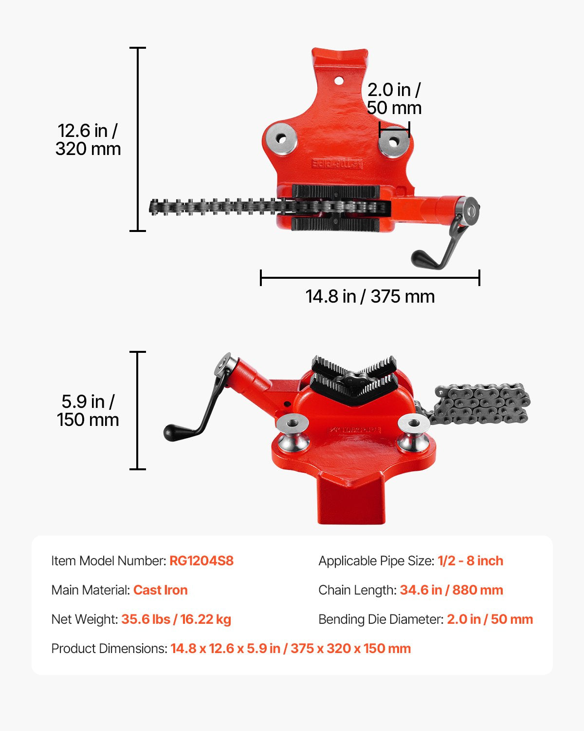 VEVOR Screw Bench Chain Vise 1/2 to 8 inch Capacity Heavy Duty Chain Pipe Vise