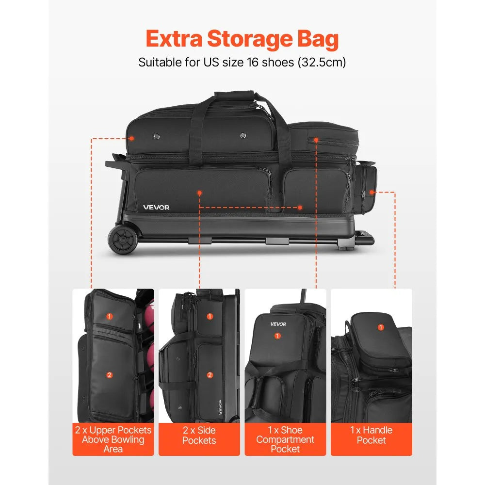 3-Ball Double Roller Bowling Bag with Wheels, Separate Shoe Compartment & Accessory Pocket