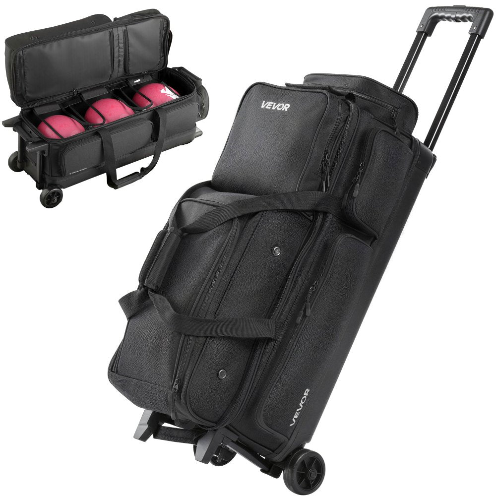 3-Ball Double Roller Bowling Bag with Wheels, Separate Shoe Compartment & Accessory Pocket