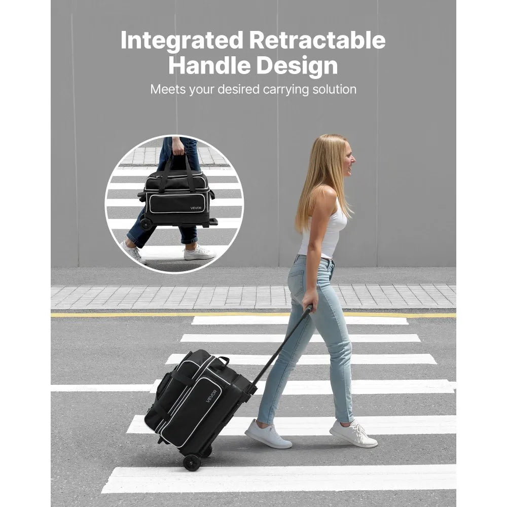 2-Ball Rolling Bowling Bag with Wheels, Shoe Compartment & Retractable Handle