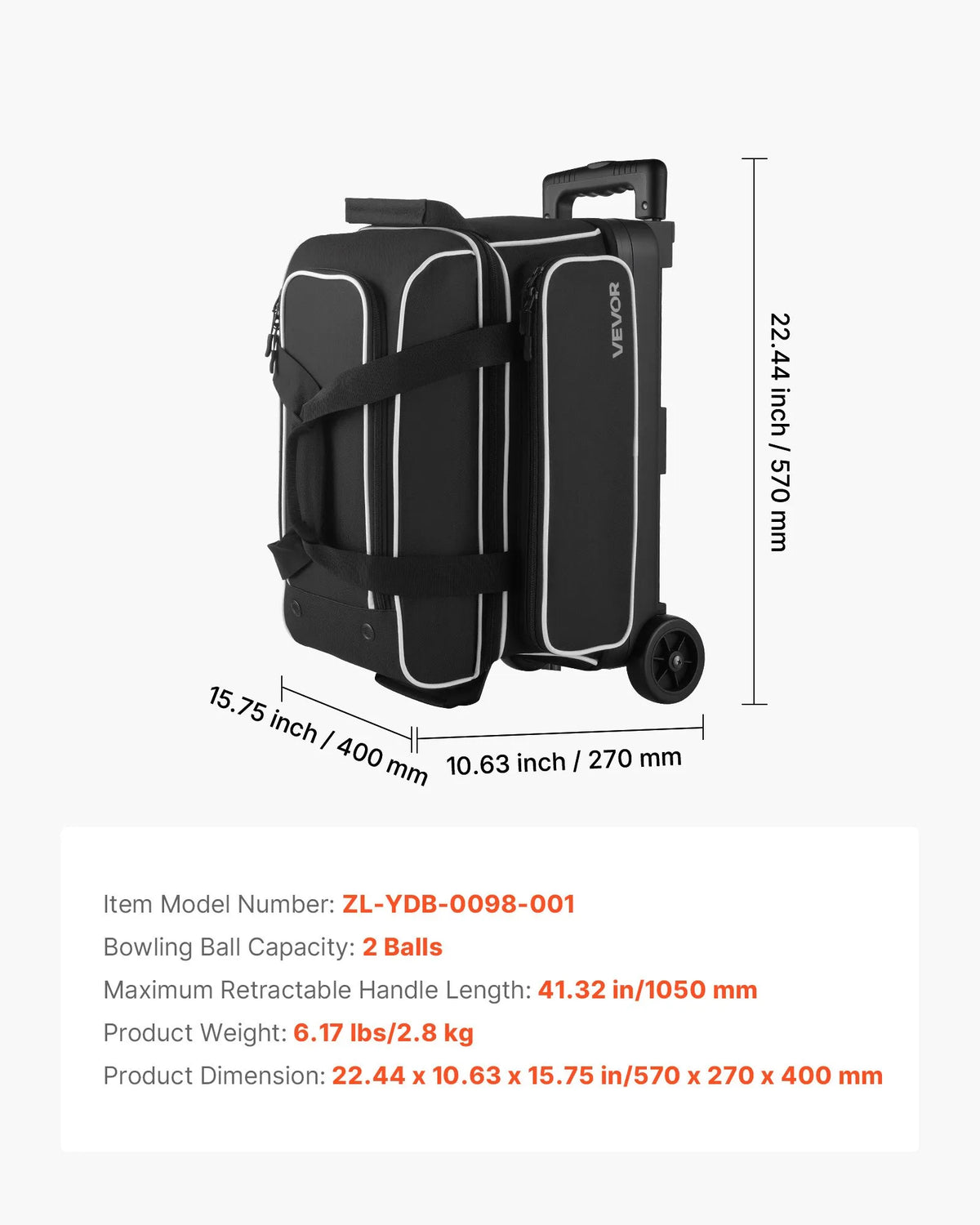 2-Ball Rolling Bowling Bag with Wheels, Shoe Compartment & Retractable Handle