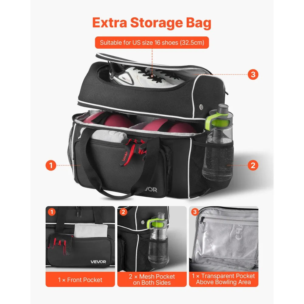 2-Ball Four-Wheel Bowling Bag with Separate Shoe Compartment, Accessory Pocket & Retractable Handle