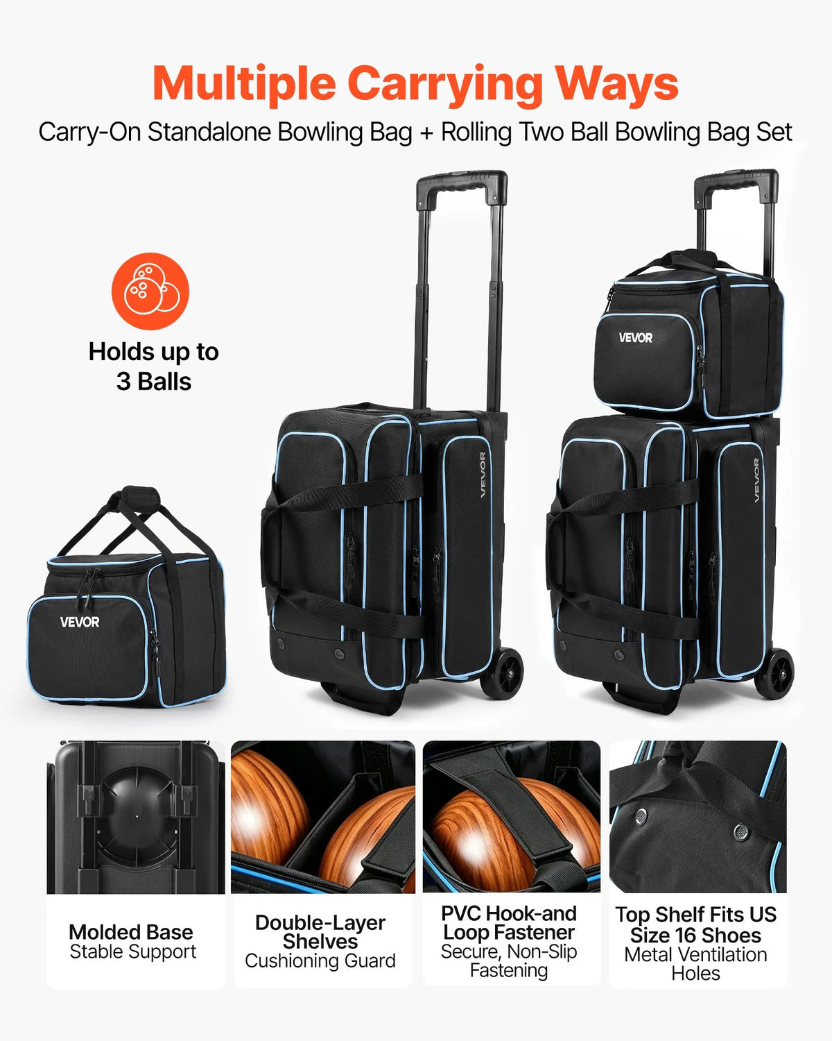 3-Ball Bowling Bag with Double Roller Wheels, Detachable Bags, Shoe Compartment & Retractable Handle