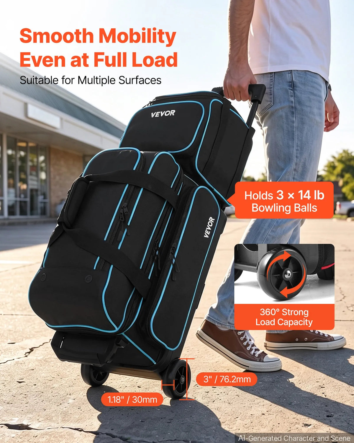 3-Ball Bowling Bag with Double Roller Wheels, Detachable Bags, Shoe Compartment & Retractable Handle