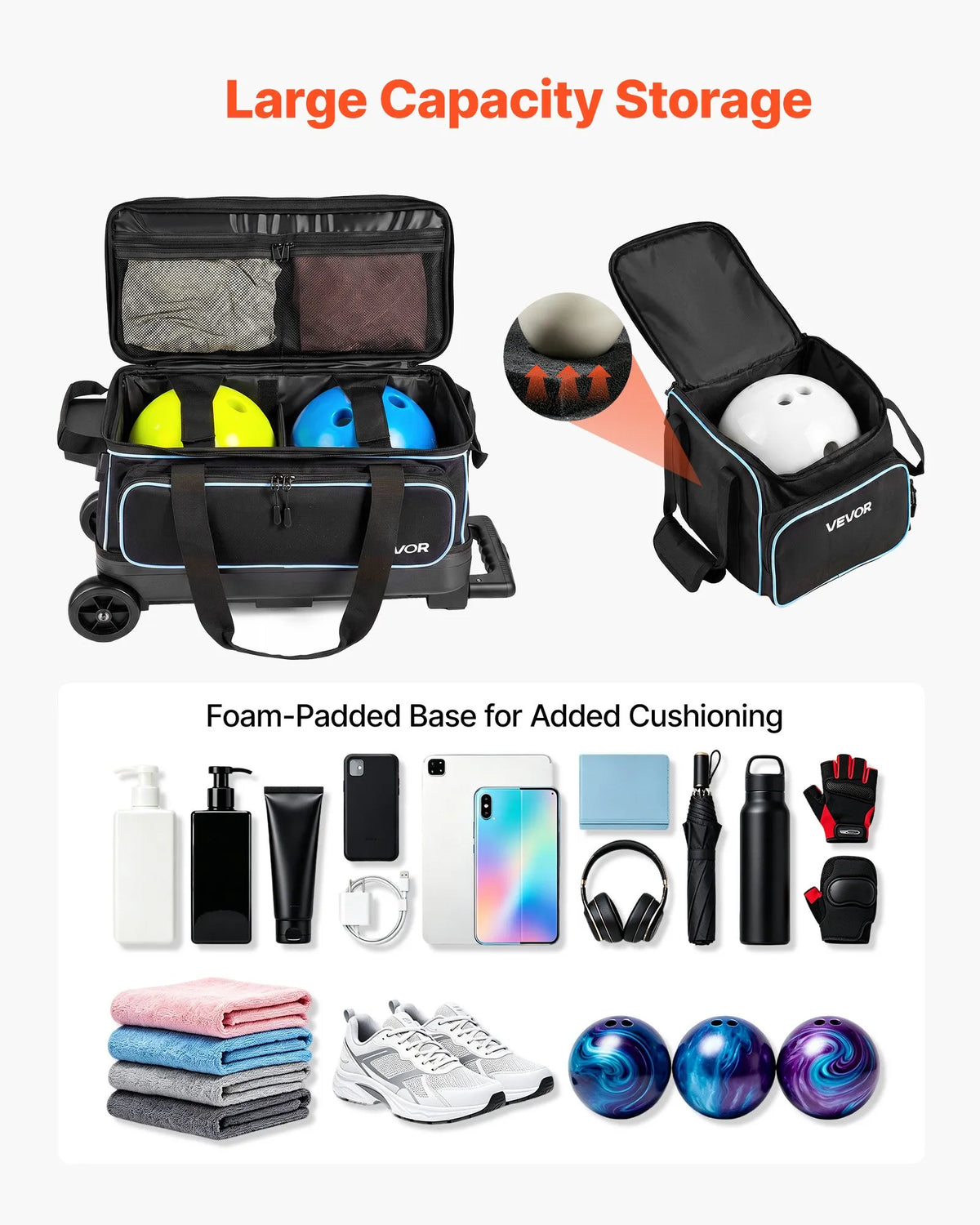 3-Ball Bowling Bag with Double Roller Wheels, Detachable Bags, Shoe Compartment & Retractable Handle