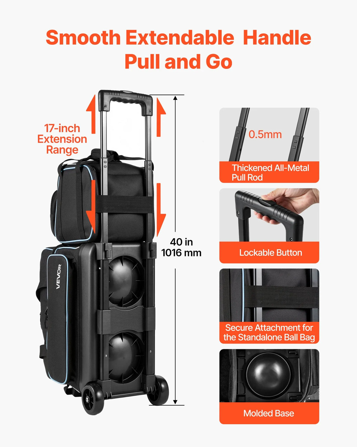3-Ball Bowling Bag with Double Roller Wheels, Detachable Bags, Shoe Compartment & Retractable Handle