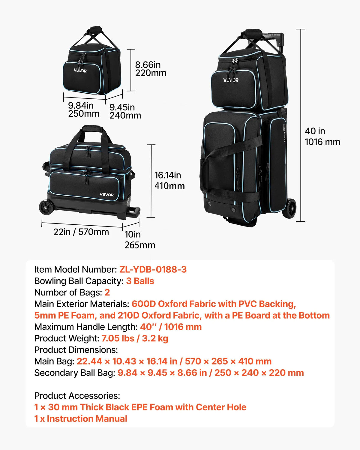 3-Ball Bowling Bag with Double Roller Wheels, Detachable Bags, Shoe Compartment & Retractable Handle