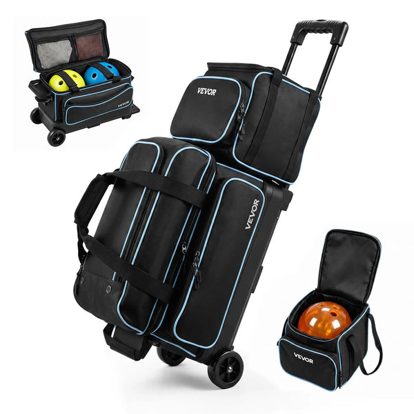 3-Ball Bowling Bag with Double Roller Wheels, Detachable Bags, Shoe Compartment & Retractable Handle
