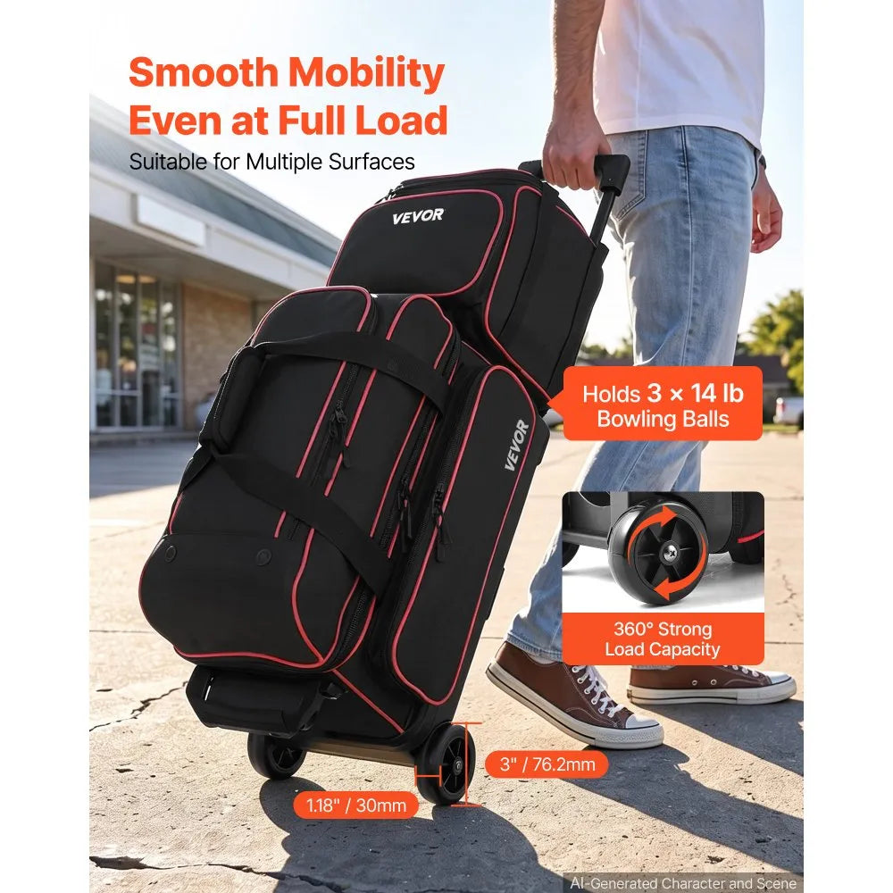 3-Ball Bowling Bag Double Roller with Separate Shoe Compartment, Fits Men’s Shoes Up to Size 16