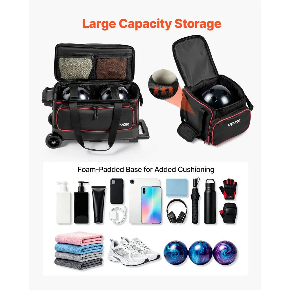 3-Ball Bowling Bag Double Roller with Separate Shoe Compartment, Fits Men’s Shoes Up to Size 16