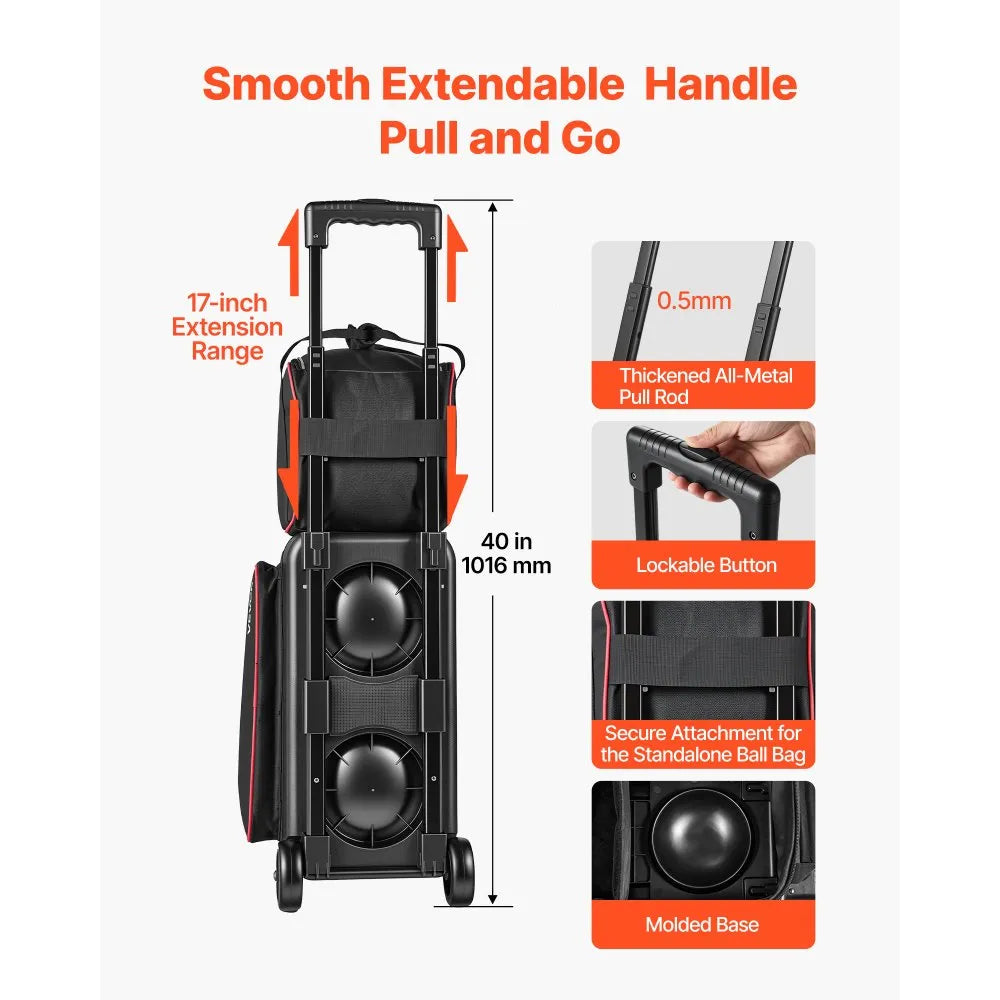 3-Ball Bowling Bag Double Roller with Separate Shoe Compartment, Fits Men’s Shoes Up to Size 16