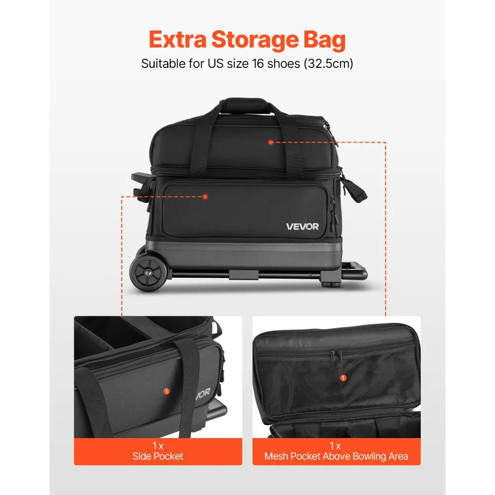 2-Ball Double Roller Bowling Bag with Wheels, Separate Shoe Compartment & Accessory Pocket