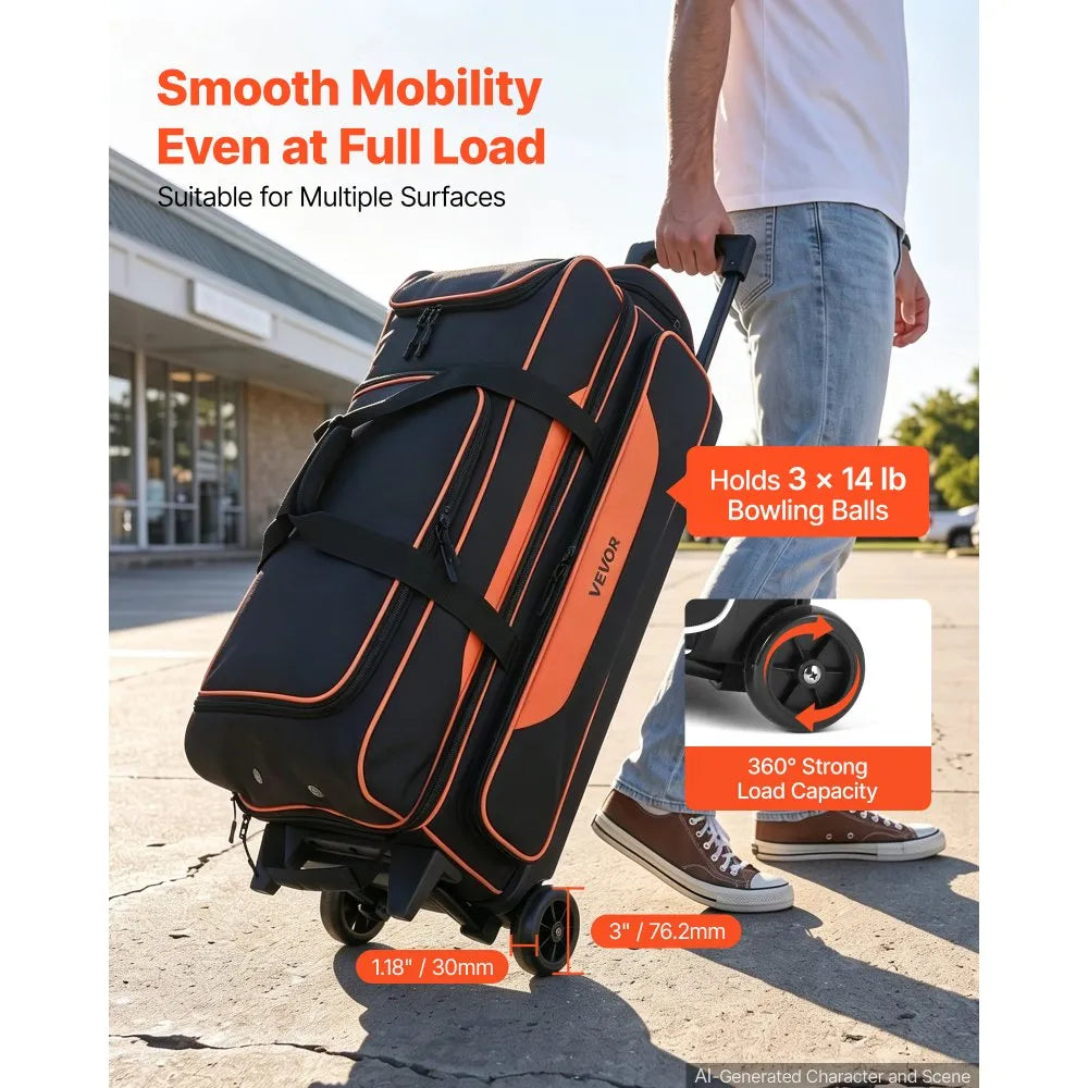 3-Ball Bowling Bag Double Roller with Shoe Compartment – Fits Shoes Up to US Size 16