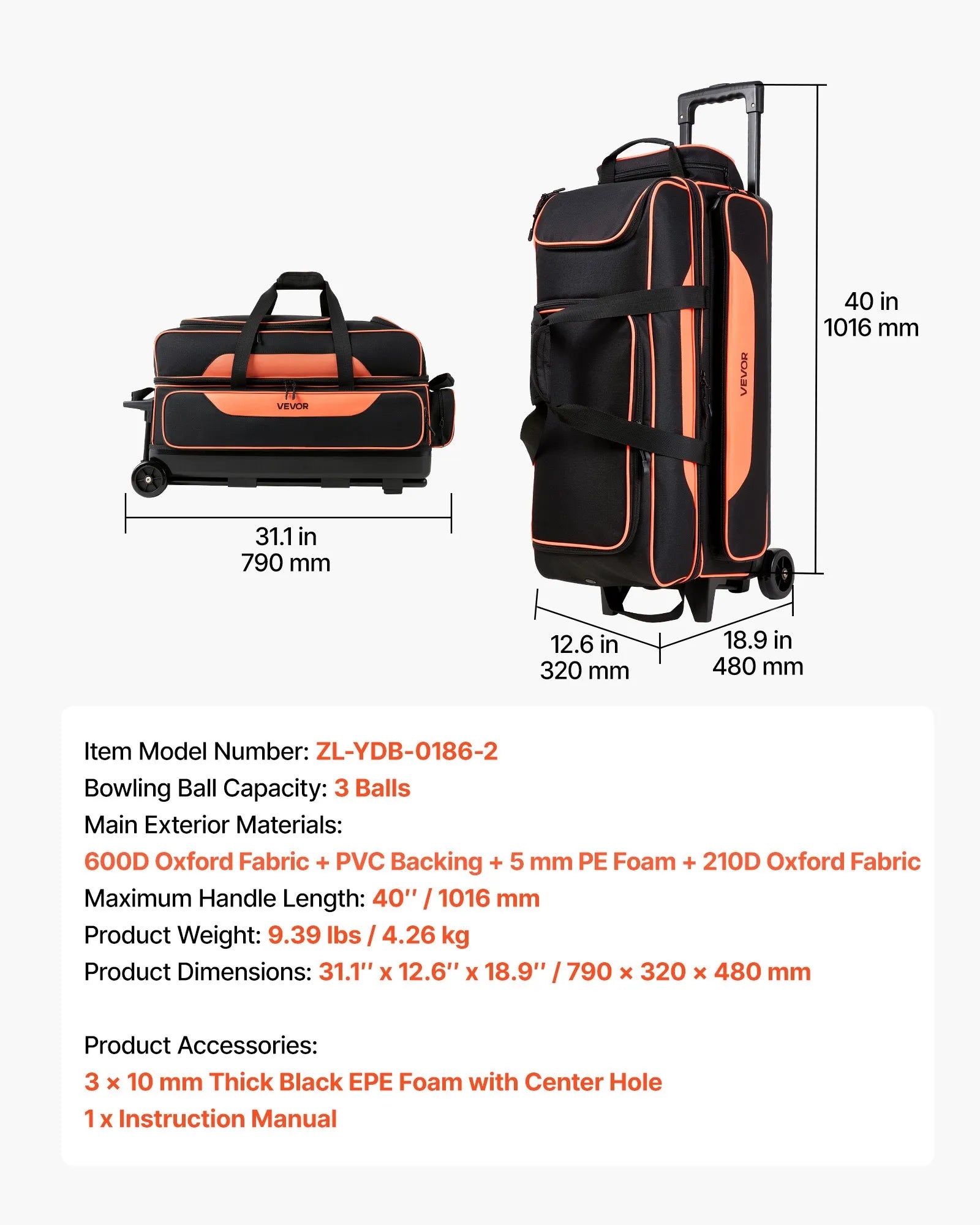3-Ball Bowling Bag Double Roller with Shoe Compartment – Fits Shoes Up to US Size 16