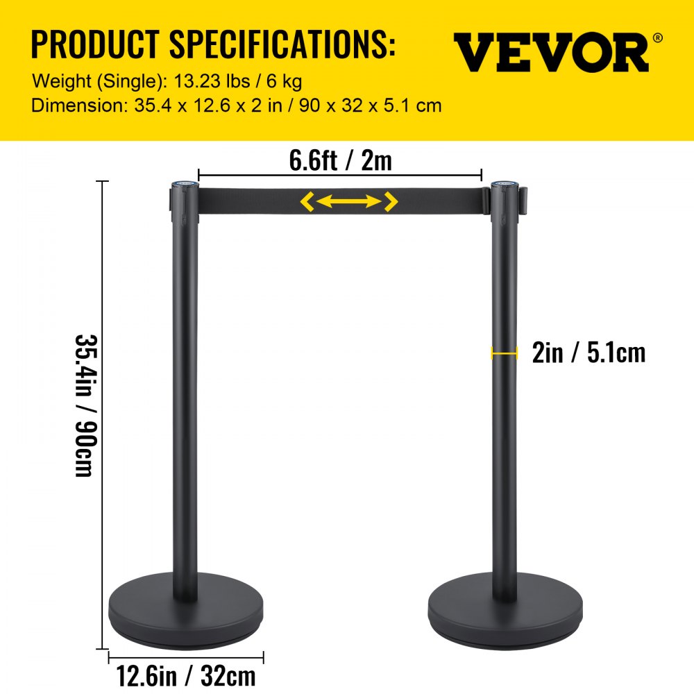 VEVOR Crowd Control Stanchion, Set of 6 Pieces Stanchion Set, Stanchion Set with 6.6 ft/2 m Black Retractable Belt, Black Crowd Control Barrier w/Concrete and Metal Base - Easy Connect Assembly