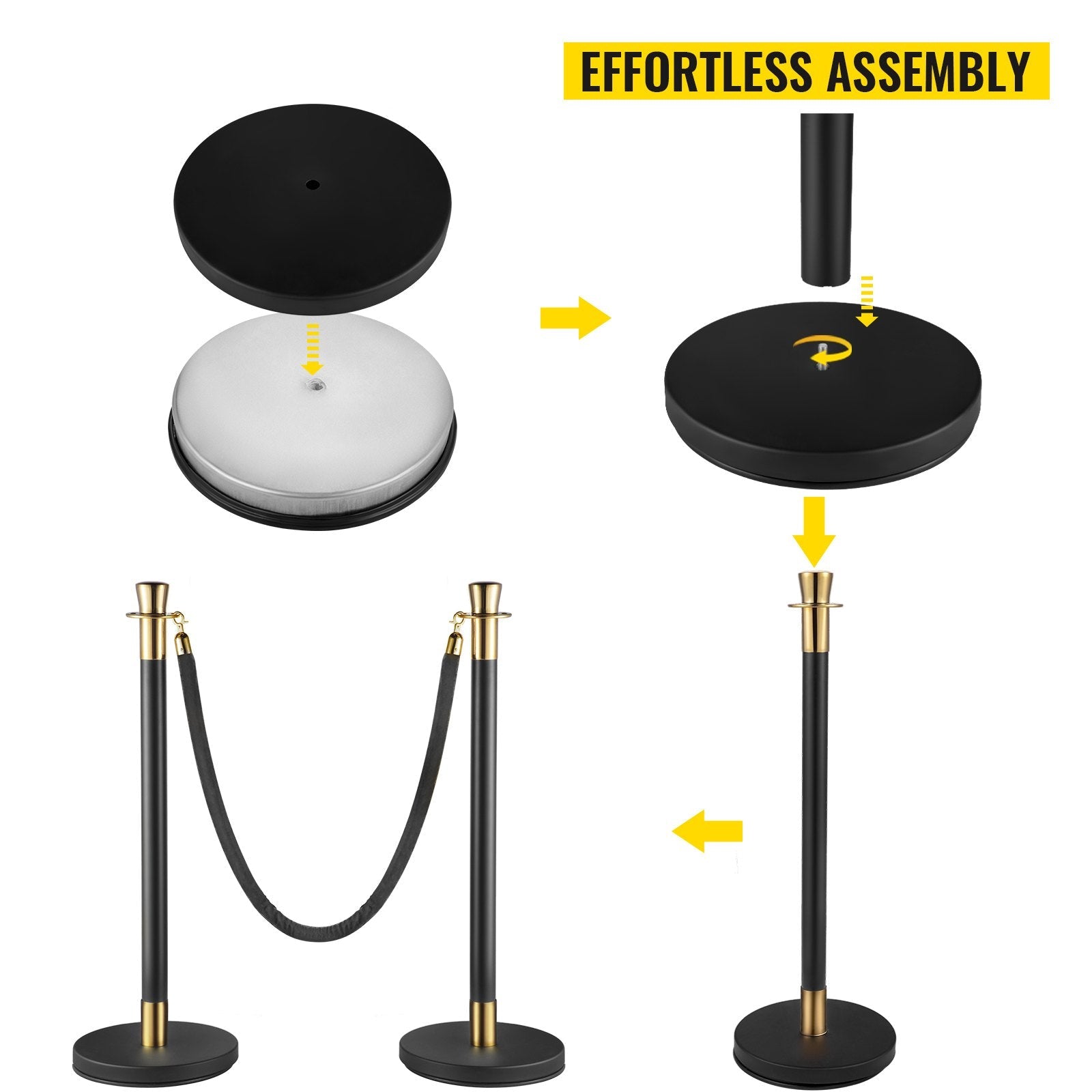 VEVOR Crowd Control Stanchion, Set of 6 Pieces Stanchion Set, Stanchion Set with 5 ft/1.5 m Black Velvet Rope, Black Crowd Control Barrier w/ Sturdy Concrete and Metal Base – Easy Connect Assembly