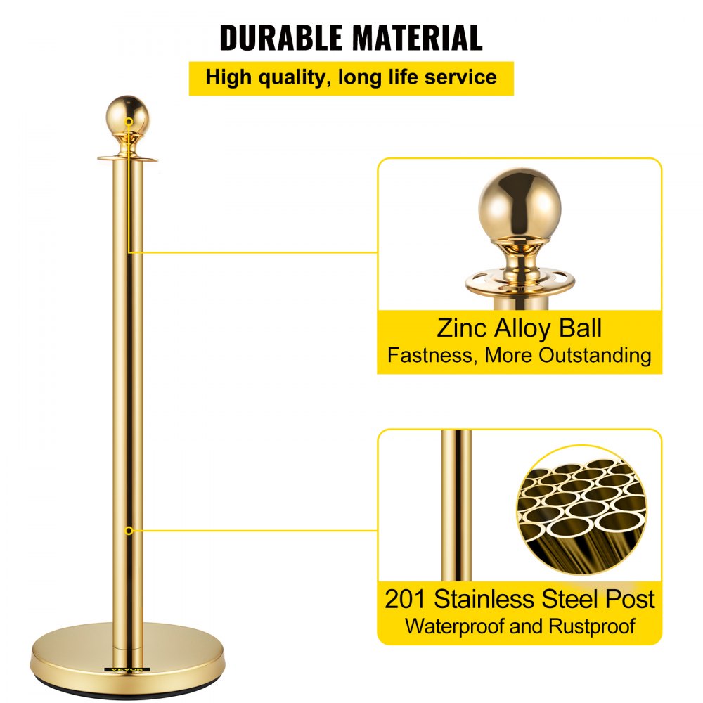 VEVOR 38 Inch Stanchion Posts Queue, Red Velvet Rope (3, Gold)