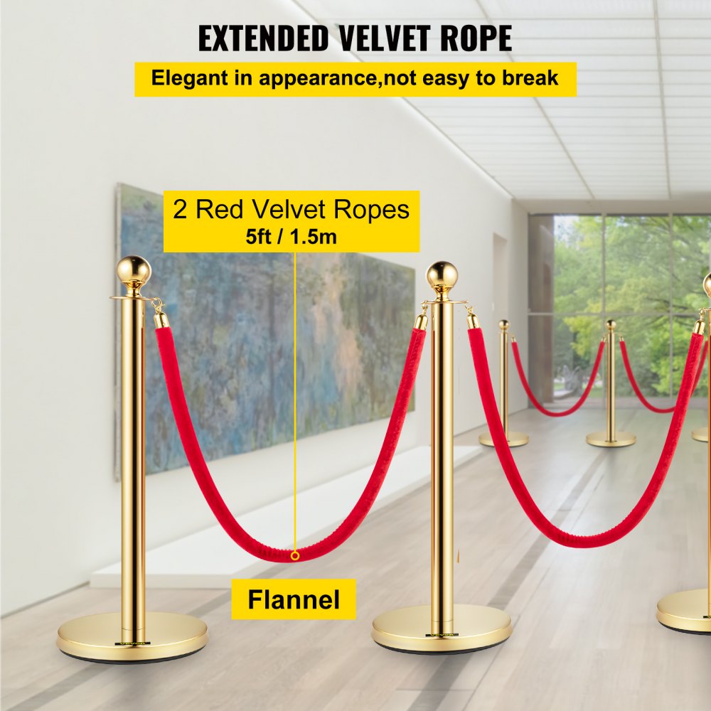 VEVOR 38 Inch Stanchion Posts Queue, Red Velvet Rope (3, Gold)