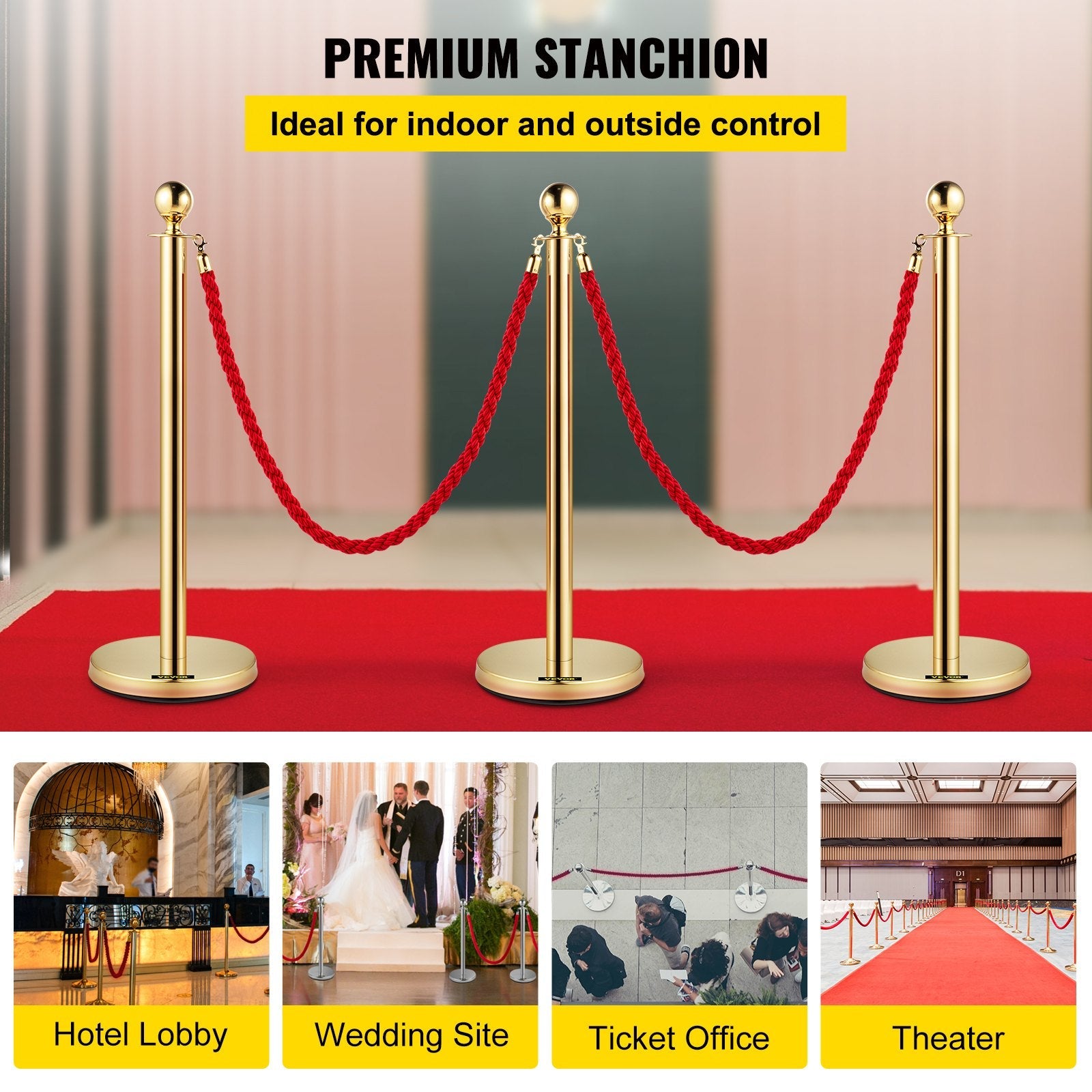 3pcs Red Twine Rope Stanchion Gold Post Crowd Control Queue Line Barrier 2 Lines