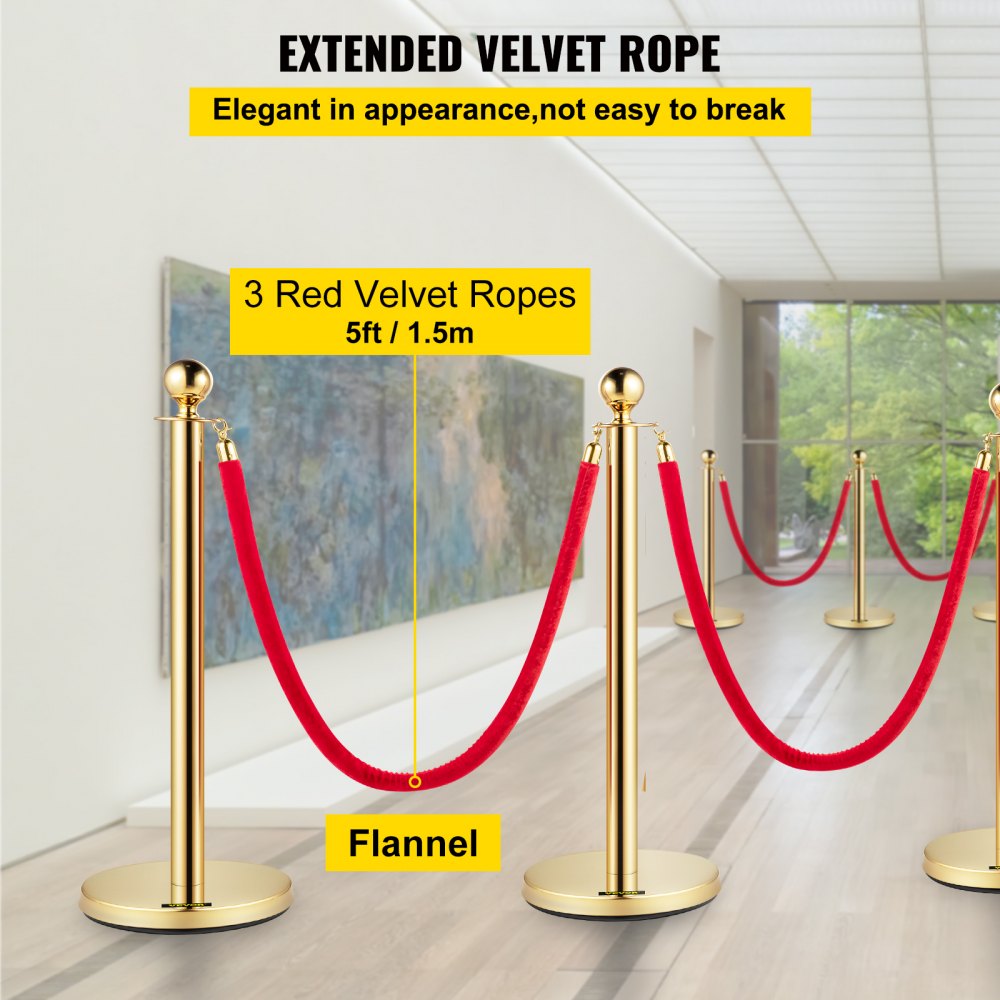 4pcs Red Velvet Rope Stanchion Gold Post Crowd Control Queue Line Barrier 3-rope
