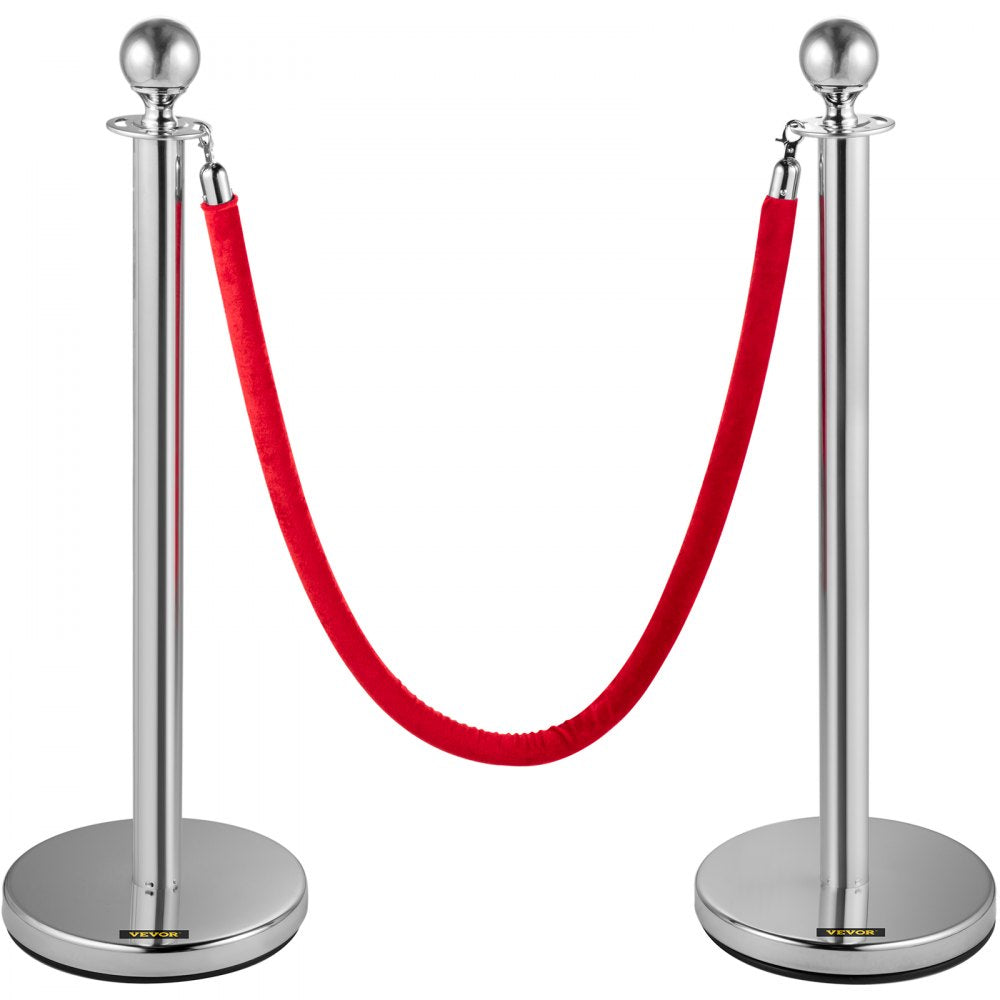 Bestequip 38 Inch Silver Stanchion Posts Queue, Red Velvet Rope, 4 Pack Rope Barriers Crowd Control Barriers Queue Line for Party School Hotel Supplies