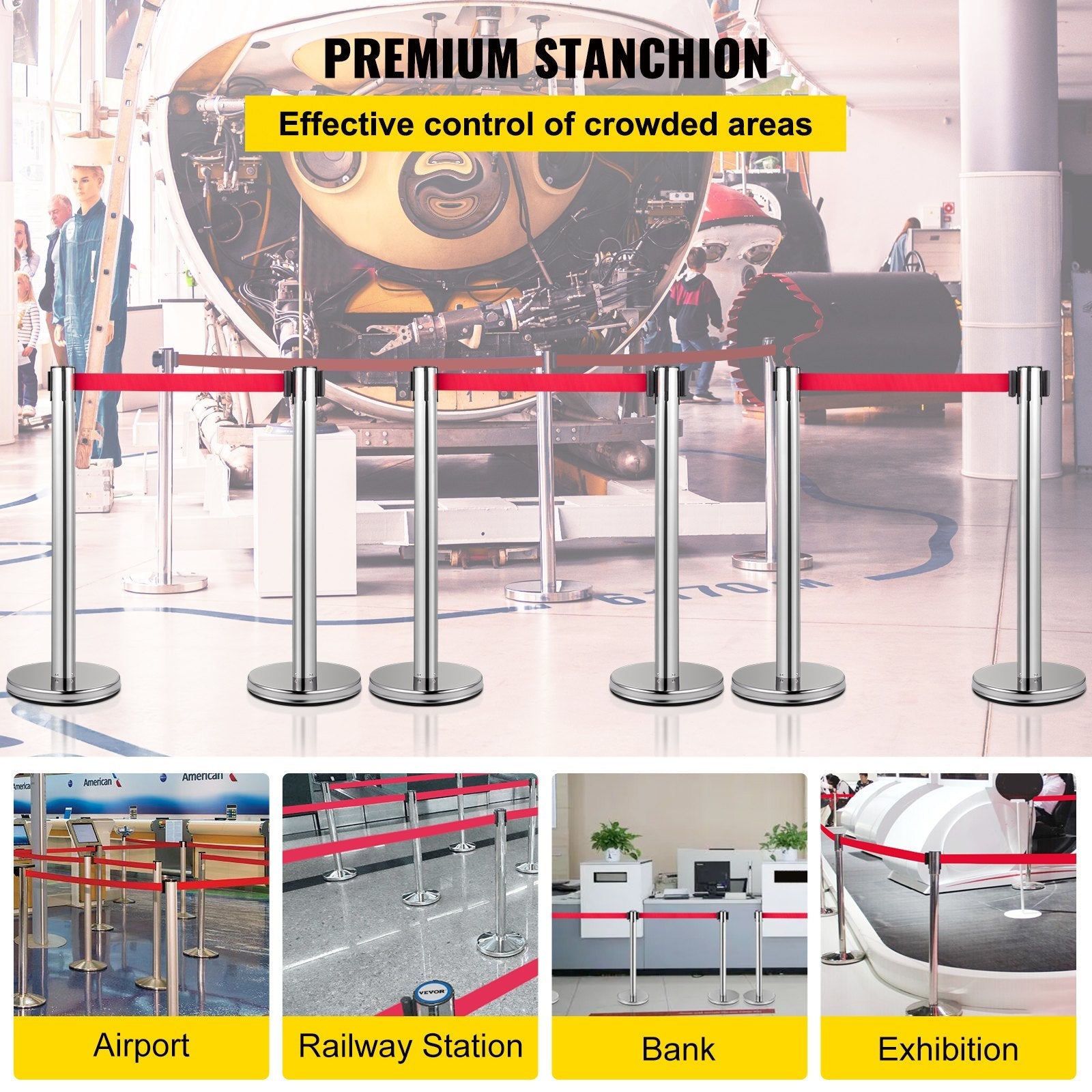 VEVOR Crowd Control Stanchion, Set of 6 Pieces Stanchion Set, Stanchion Set w/ 6.6ft/2m Red Retractable Belt, Silver Crowd Control Barrier w/ Sturdy Rubber Base–Easy Connect Assembly for Crowd Control