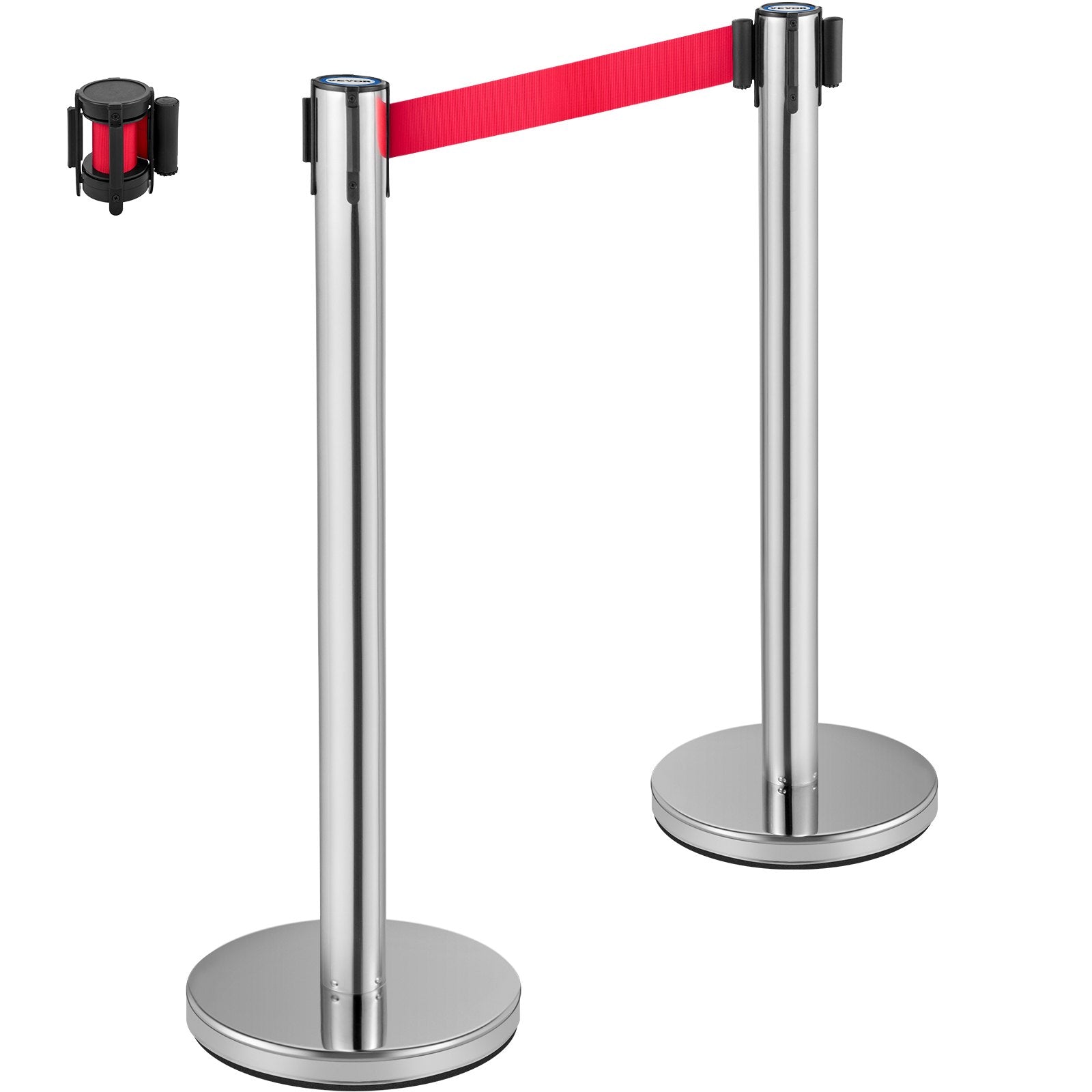 VEVOR Crowd Control Stanchion, Set of 6 Pieces Stanchion Set, Stanchion Set w/ 6.6ft/2m Red Retractable Belt, Silver Crowd Control Barrier w/ Sturdy Rubber Base–Easy Connect Assembly for Crowd Control