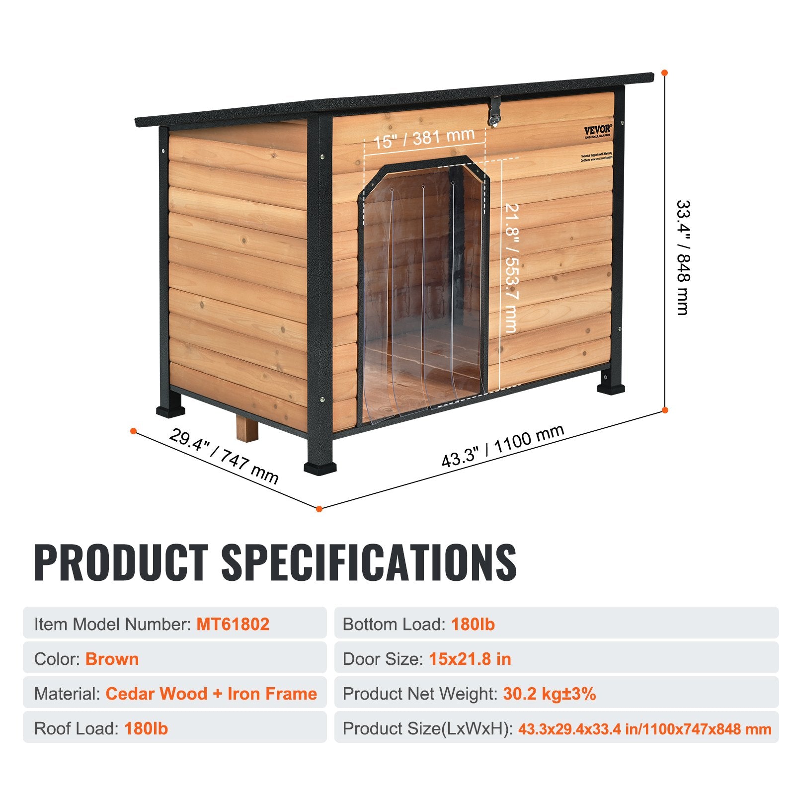 VEVOR Outdoor Dog House, Waterproof Insulated Dog House with Elevated Floor, Anti-Bite Wood Dog House Outdoor Iron Frame, Open Roof, for Medium to Large Dogs