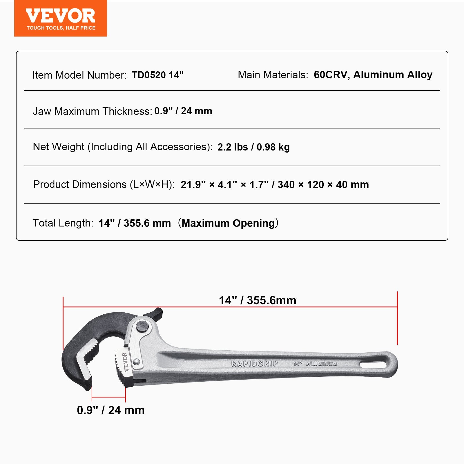 VEVOR Pipe Wrench, 14" Aluminum Straight Pipe Wrench, Automatic Jaw Adjustment, Adjustable Plumbing Wrench, Easy to Carry, Ergonomic Handle, Hangable Design, for Water Pipes, Automotive Repairs