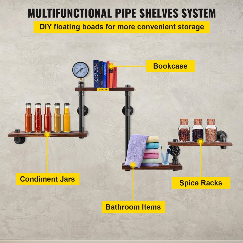 VEVOR Pipe Shelf, Industrial Steel Pipe Shelving w/ 4-Shelf Solid Wood Planks, Modern Rustic Floating Shelves Wall Mounted, DIY Storage Bracket for Bookshelf, Kitchen, Bathroom, Home Decor, Black