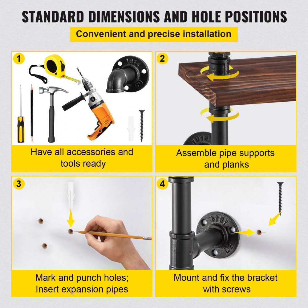 VEVOR Pipe Shelf, Industrial Steel Pipe Shelving w/ 4-Shelf Solid Wood Planks, Modern Rustic Floating Shelves Wall Mounted, DIY Storage Bracket for Bookshelf, Kitchen, Bathroom, Home Decor, Black