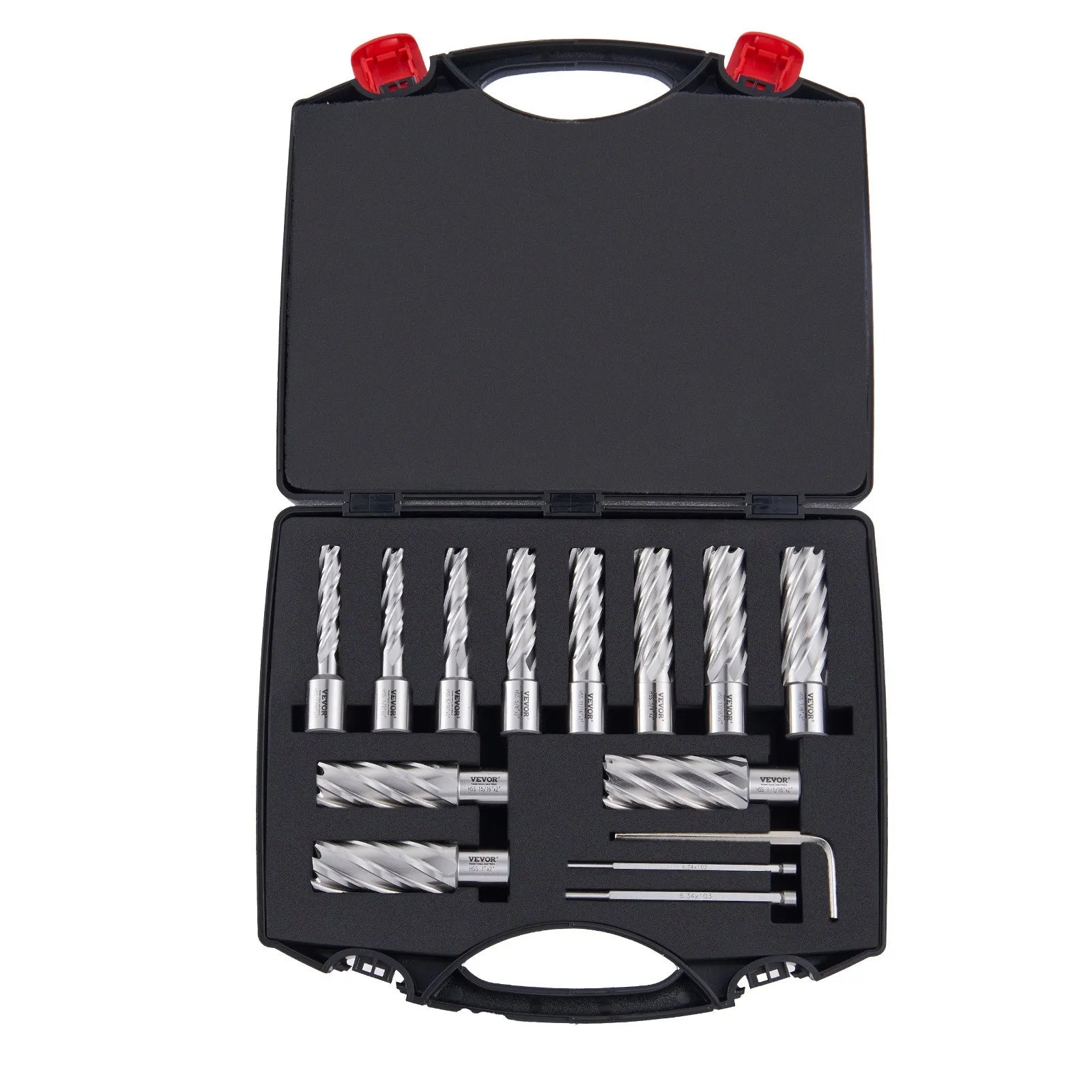VEVOR Annular Cutter Set, 13 pcs Weldon Shank Mag Drill Bits, 2" Cutting Depth, 7/16" to 1-1/16" Cutting Diameter, M2AL HSS, with 2 Pilot Pins, Hex Wrench and Portable Case, for Using with Magnetic Dr