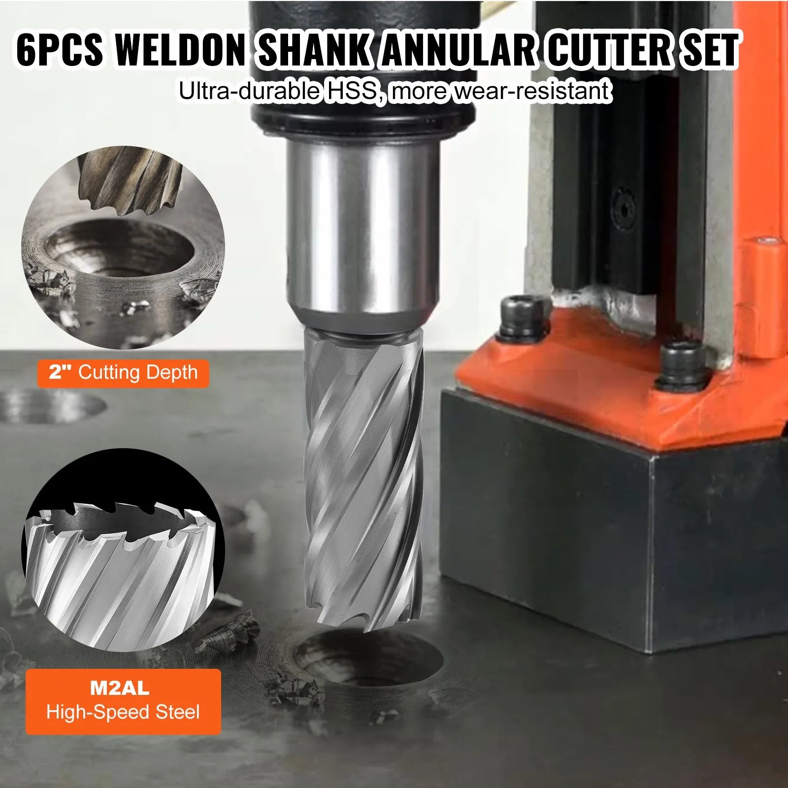 VEVOR Annular Cutter Set, 6 pcs Universal Shank Mag Drill Bits, 2" Cutting Depth, 1" to 2" Cutting Diameter, M2AL High-Speed Steel, with 2 Pilot Pins and Portable Case, for Using with Magnetic Drills