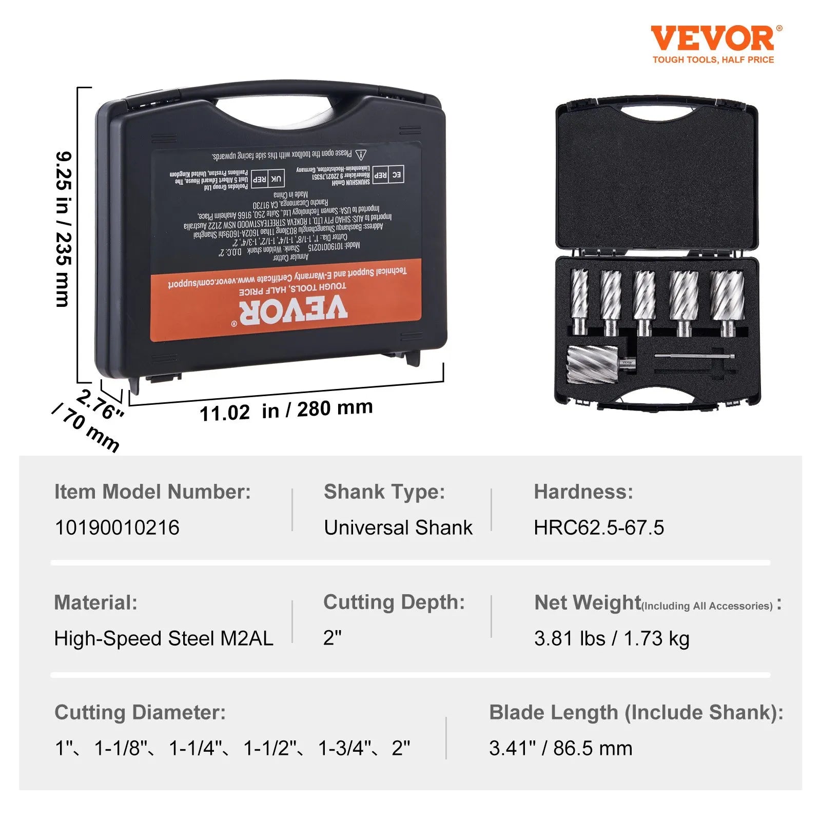 VEVOR Annular Cutter Set, 6 pcs Universal Shank Mag Drill Bits, 2" Cutting Depth, 1" to 2" Cutting Diameter, M2AL High-Speed Steel, with 2 Pilot Pins and Portable Case, for Using with Magnetic Drills