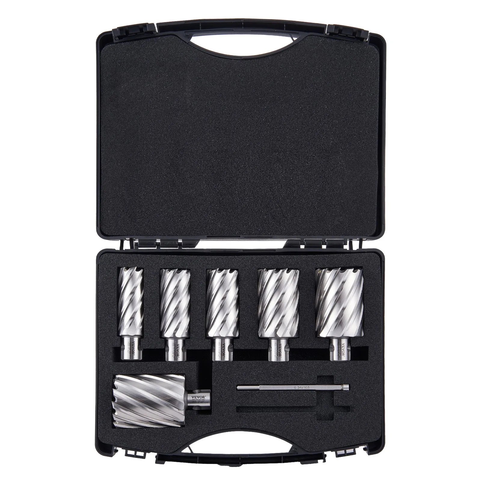 VEVOR Annular Cutter Set, 6 pcs Universal Shank Mag Drill Bits, 2" Cutting Depth, 1" to 2" Cutting Diameter, M2AL High-Speed Steel, with 2 Pilot Pins and Portable Case, for Using with Magnetic Drills