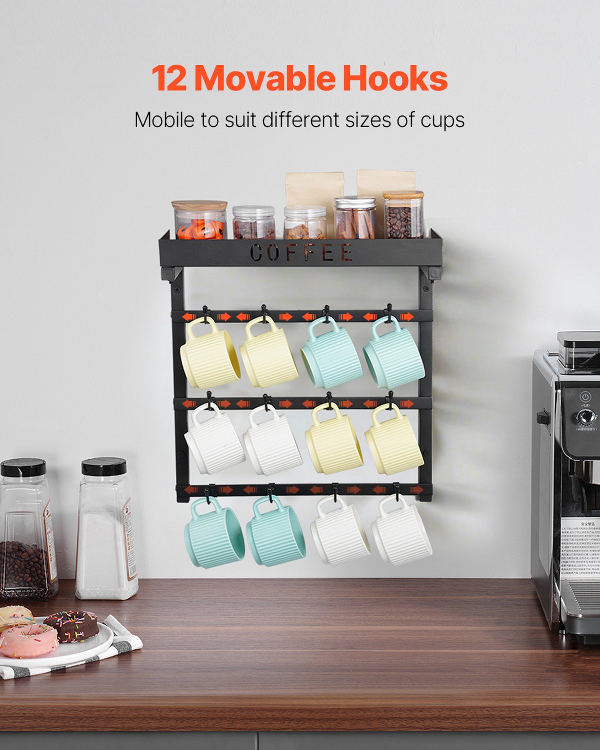 VEVOR Coffee Mug Holder Wall Mounted w/ 12 Movable Hooks and Top Shelf Cup Rack