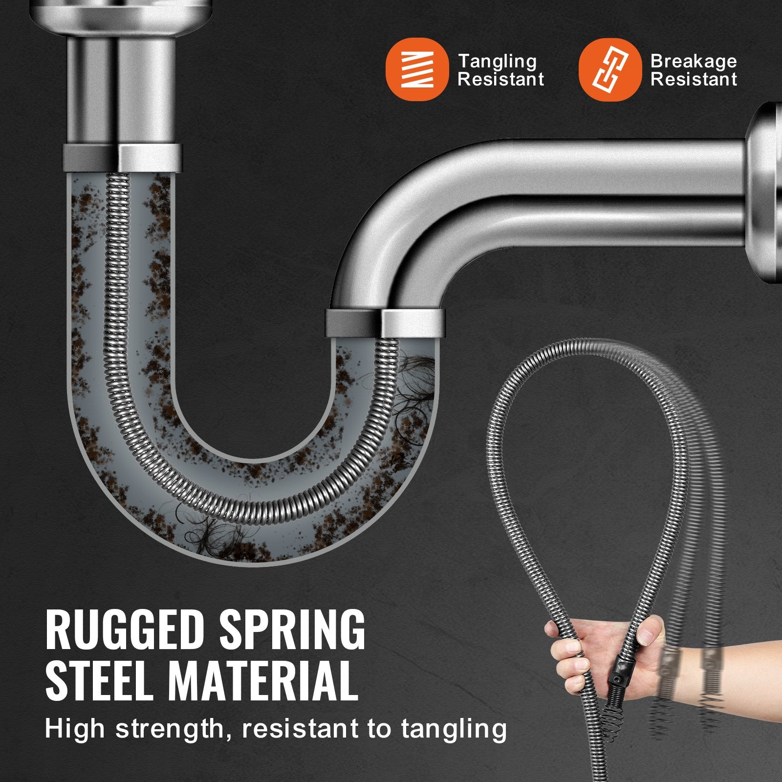 VEVOR Drain Cleaning Cable 100 FT x 3/4 Inch, Solid Core Steel Drain Cleaner Cable with 4 Cutters for 3.9" to 7.9" Pipes, Professional Inner Core Sewer Drain Auger Cable for Sink, Floor Drain, Toilet