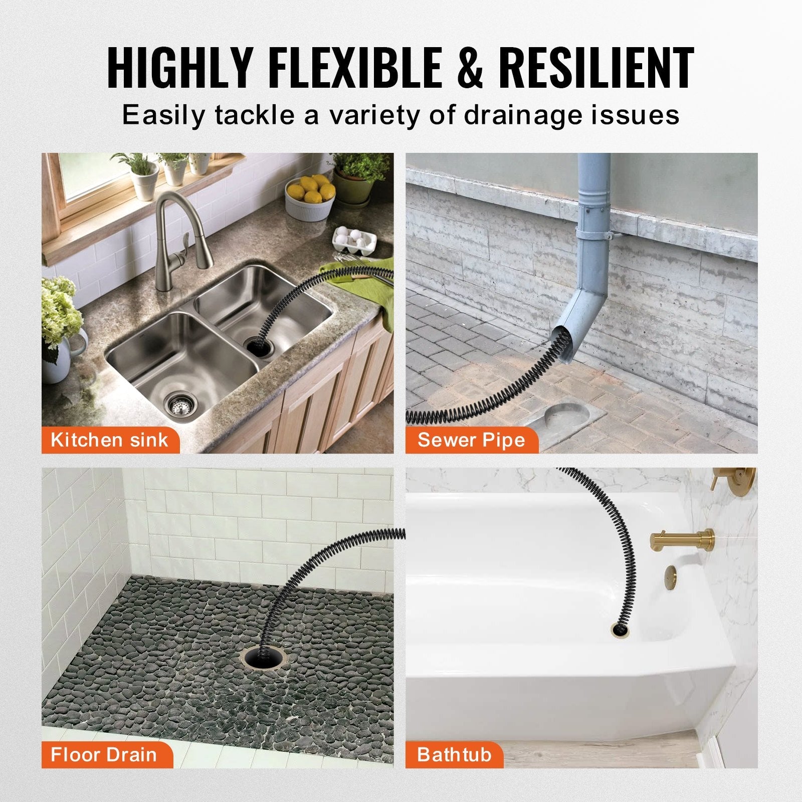 VEVOR Drain Cleaning Cable 100 FT x 3/4 Inch, Solid Core Steel Drain Cleaner Cable with 4 Cutters for 3.9" to 7.9" Pipes, Professional Inner Core Sewer Drain Auger Cable for Sink, Floor Drain, Toilet