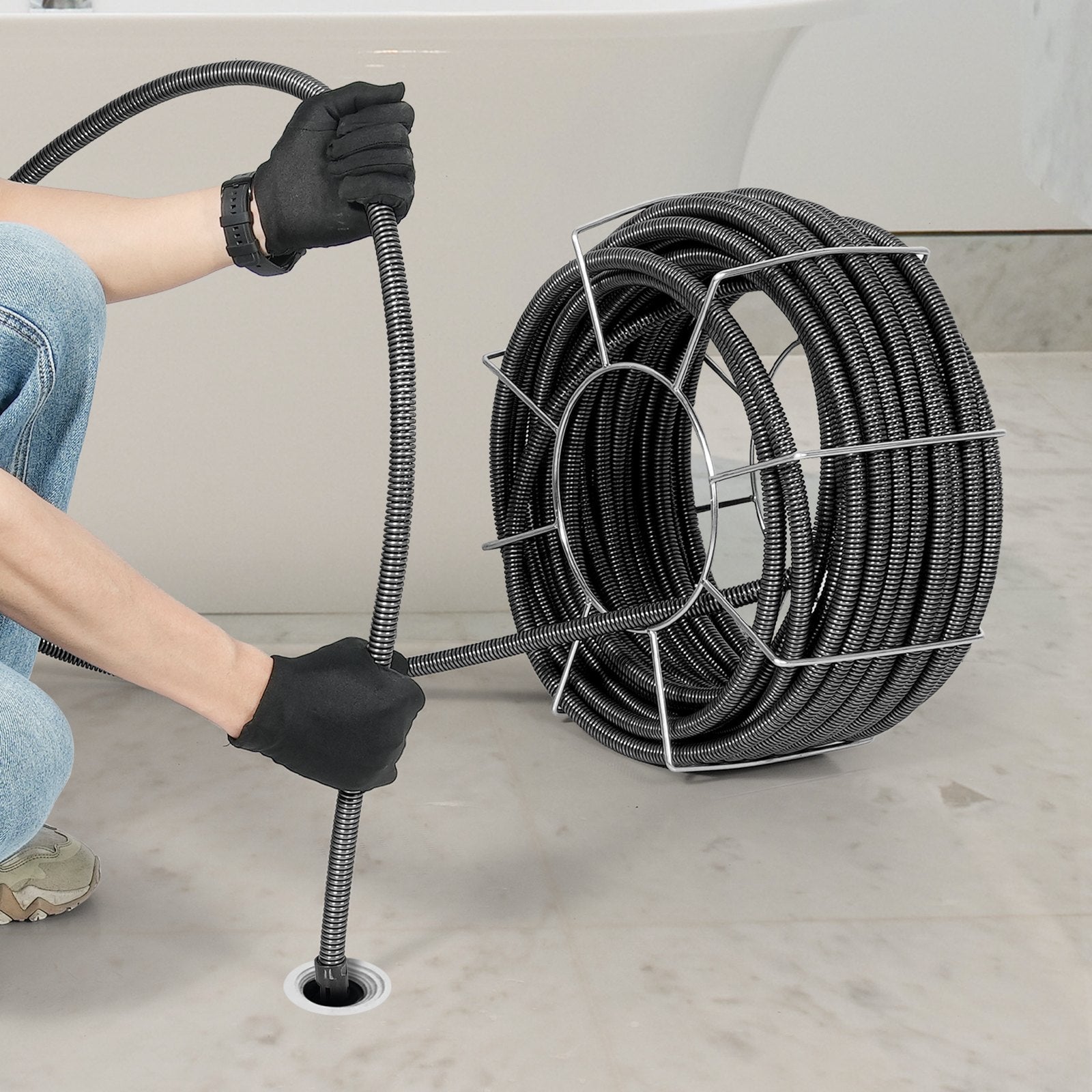 VEVOR Drain Cleaning Cable 100 FT x 3/4 Inch, Solid Core Steel Drain Cleaner Cable with 4 Cutters for 3.9" to 7.9" Pipes, Professional Inner Core Sewer Drain Auger Cable for Sink, Floor Drain, Toilet