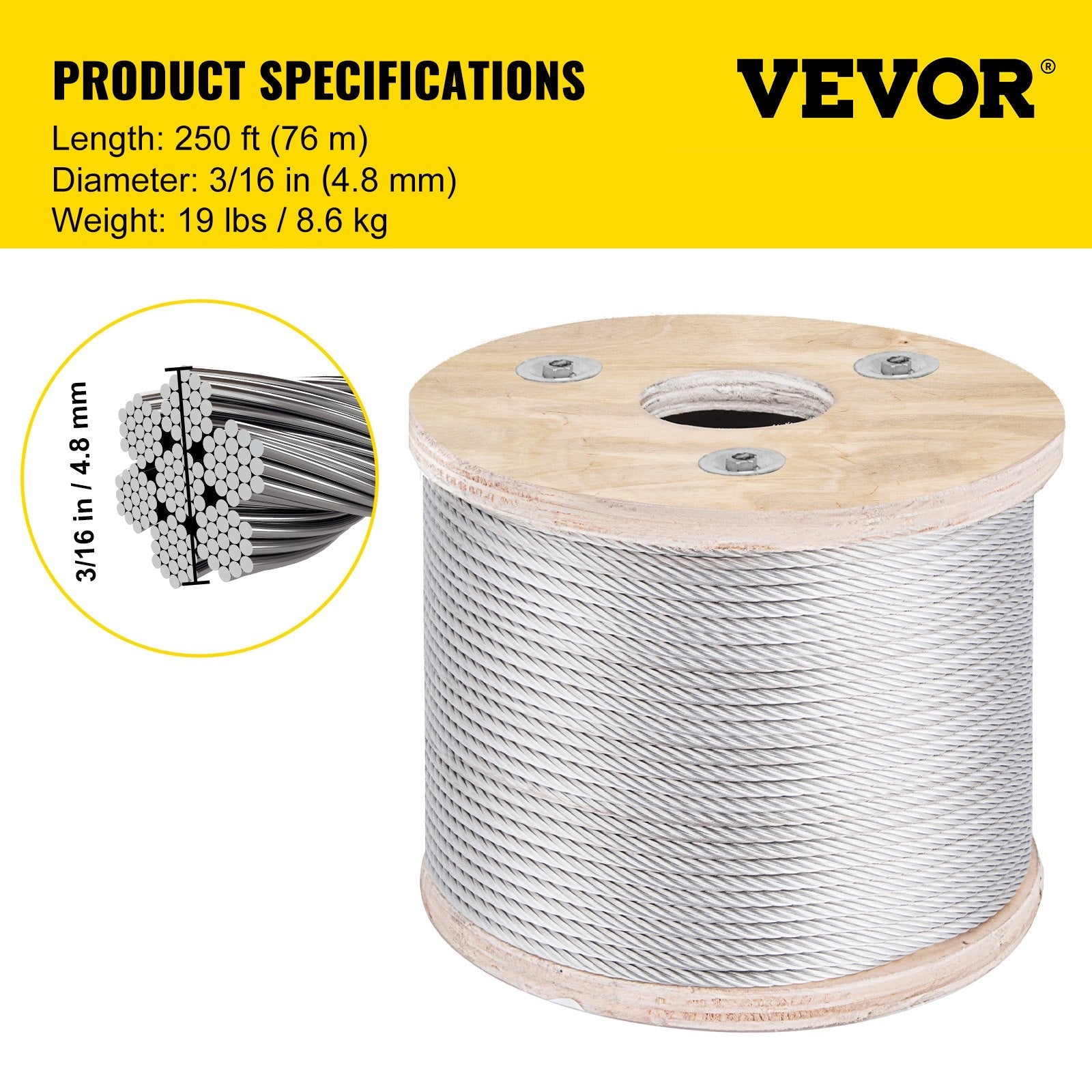 VEVOR 304 Stainless Steel Cable Railing 3/16" x 250ft, Wire Rope 304 Marine Grade, Braided Aircraft Cable 7x19 Strands Construction for Deck,Rail,Balusters,Stair,Handrail,Porch,Fence