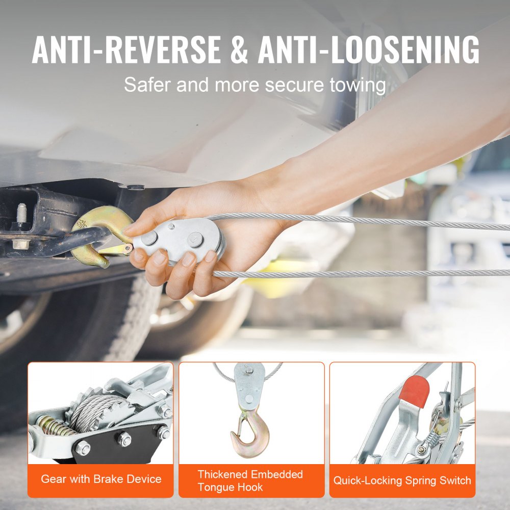 VEVOR Come Along Winch, 4 Ton (8,818 lbs) Pulling Capacity, 10 ft Steel Cable, 3 Hooks, Heavy Duty Ratchet Power Puller Tool with Dual Gears, Automotive Hoist Cable Puller Ideal for Vehicle Rescue