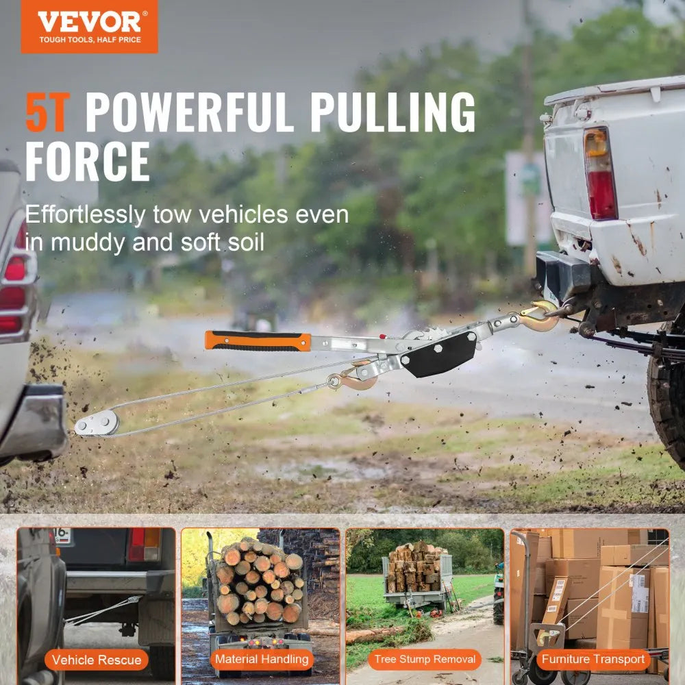 VEVOR Come Along Winch, 5 Ton (11,023 lbs) Pulling Capacity, 11.5 ft Steel Cable, 3 Hooks, Heavy Duty Ratchet Power Puller Tool with Dual Gears, Automotive Hoist Cable Puller Ideal for Vehicle Rescue