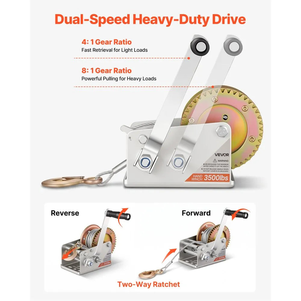 Boat Trailer Hand Winch 3500 lb with 32.8 ft Steel Cable | 2-Speed Manual Winch with Two-Way Ratchet & Anti-Slip Handle