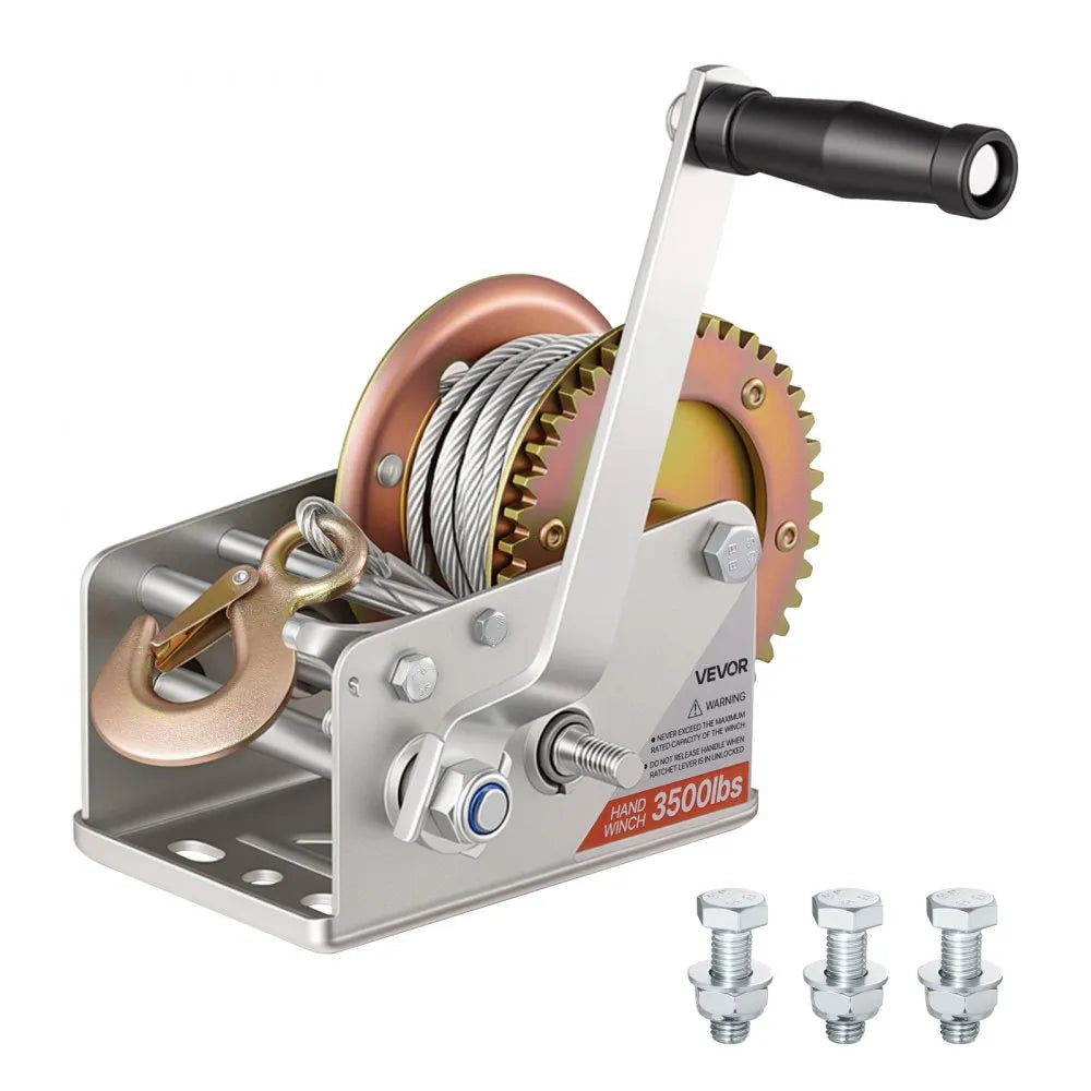 Boat Trailer Hand Winch 3500 lb with 32.8 ft Steel Cable | 2-Speed Manual Winch with Two-Way Ratchet & Anti-Slip Handle