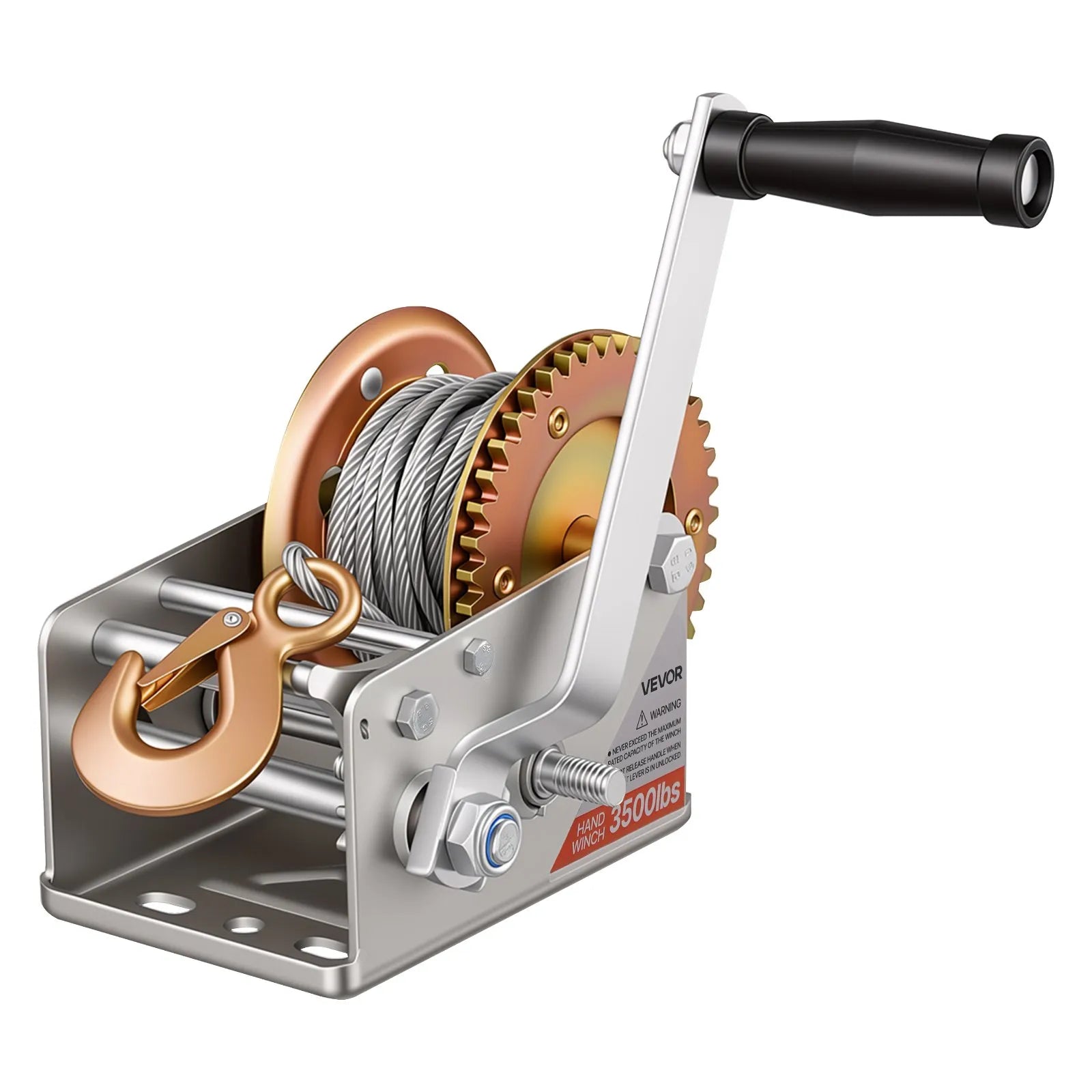 Boat Trailer Hand Winch 3500 lb with 32.8 ft Steel Cable | 2-Speed Manual Winch with Two-Way Ratchet & Anti-Slip Handle