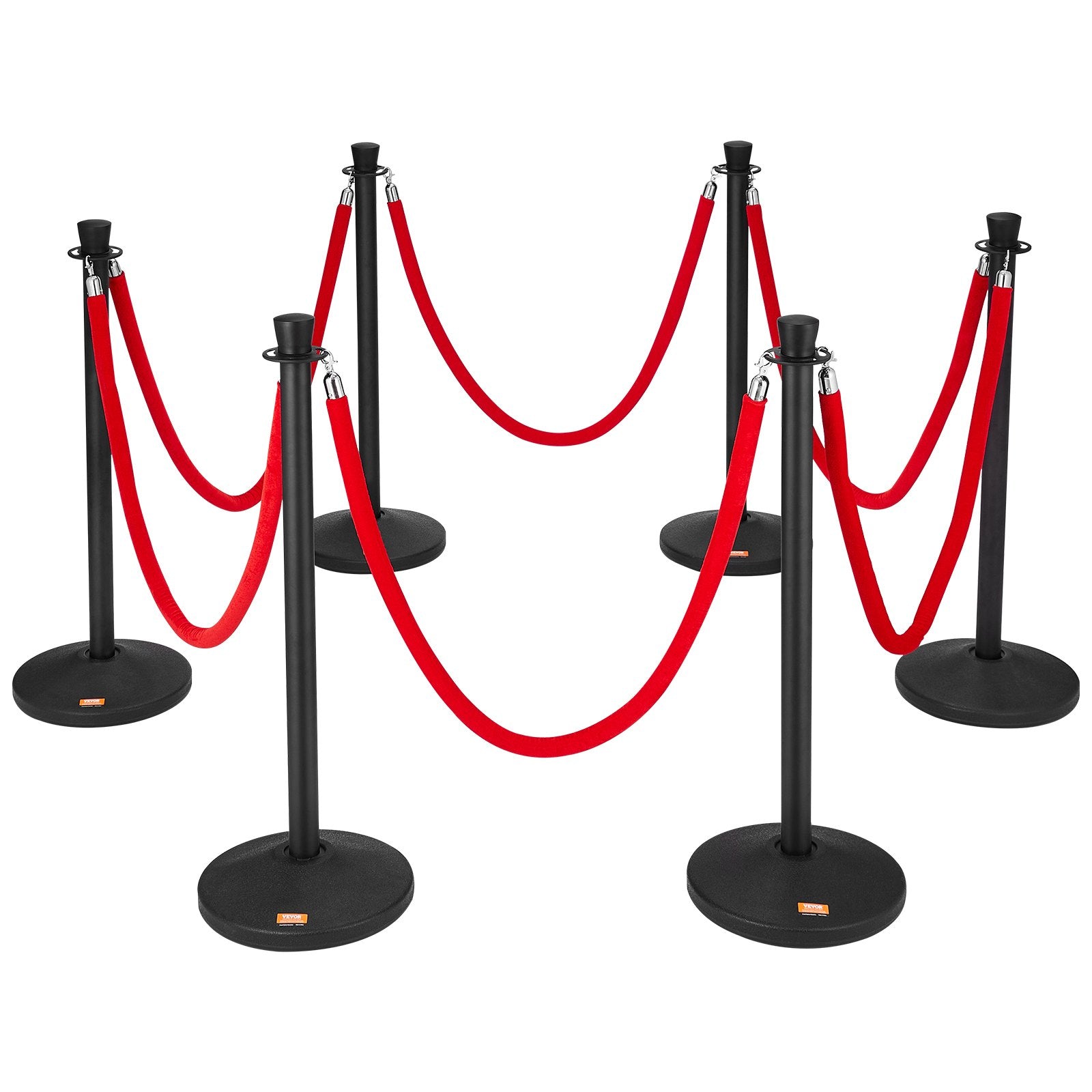 VEVOR Stanchion Posts with Velvet Ropes, 6-Pack Crowd Control Stanchion with 6PCS 5FT Red Velvet Ropes, Carbon Steel Baking Painted Queue Barrier Line Divider & Fillable Plastic Base for Wedding Party