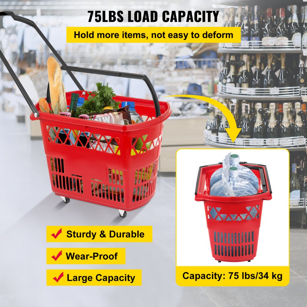 VEVOR 6PCS Shopping Carts, Plastic Rolling Shopping Basket with Wheels, Red Shopping Baskets with Handles, Portable Shopping Basket Set for Retail Store