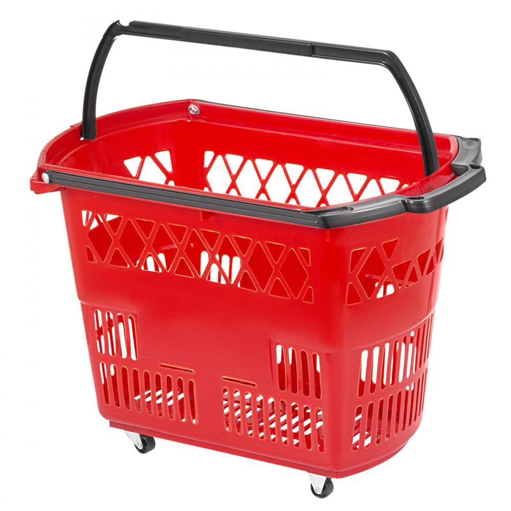 VEVOR 6PCS Shopping Carts, Plastic Rolling Shopping Basket with Wheels, Red Shopping Baskets with Handles, Portable Shopping Basket Set for Retail Store